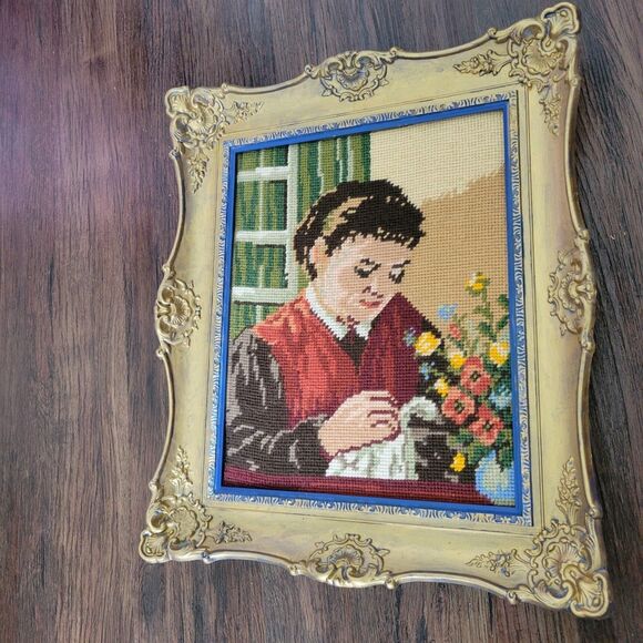 Vtg Framed Needlepoint Old Fashion Girl Embroidering Wall Decor Art Romantic - Picture 15 of 15